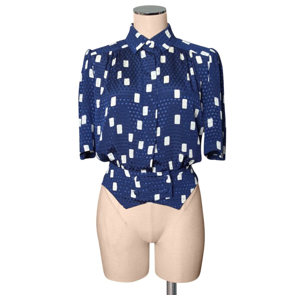 SECRETS Petites By Secrets Vintage Blue Print 80's 90's Blouse Top Shirt 8